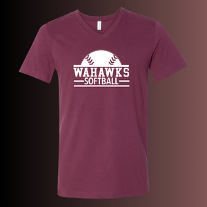 WaHawks Softball Maroon V Neck Tee Design 3